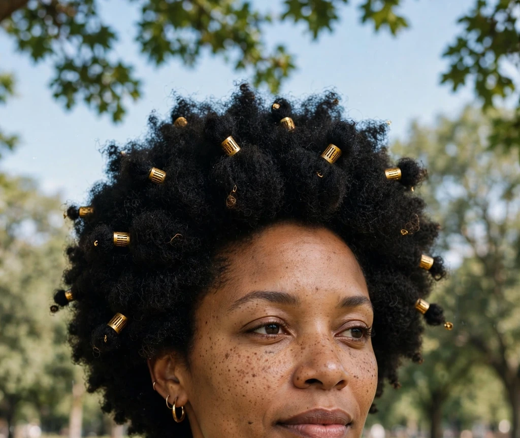 Black woman in her thirties with gold hair cuffs in her short afro, grey top, in a park