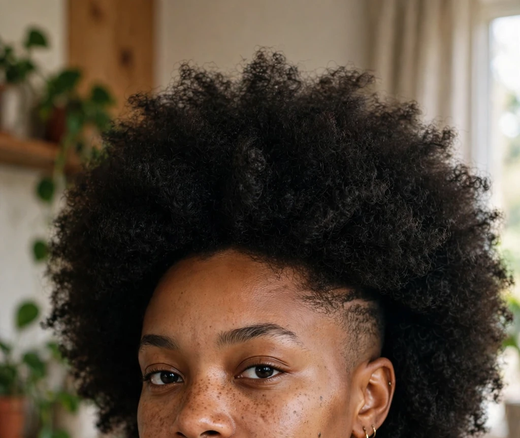 Young Black woman with a low fade and full afro top, orange top, at home