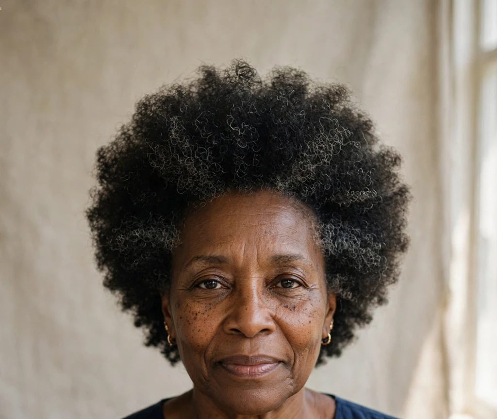 Black woman in her fifties with a curly tapered crown afro, navy dress, studio portrait