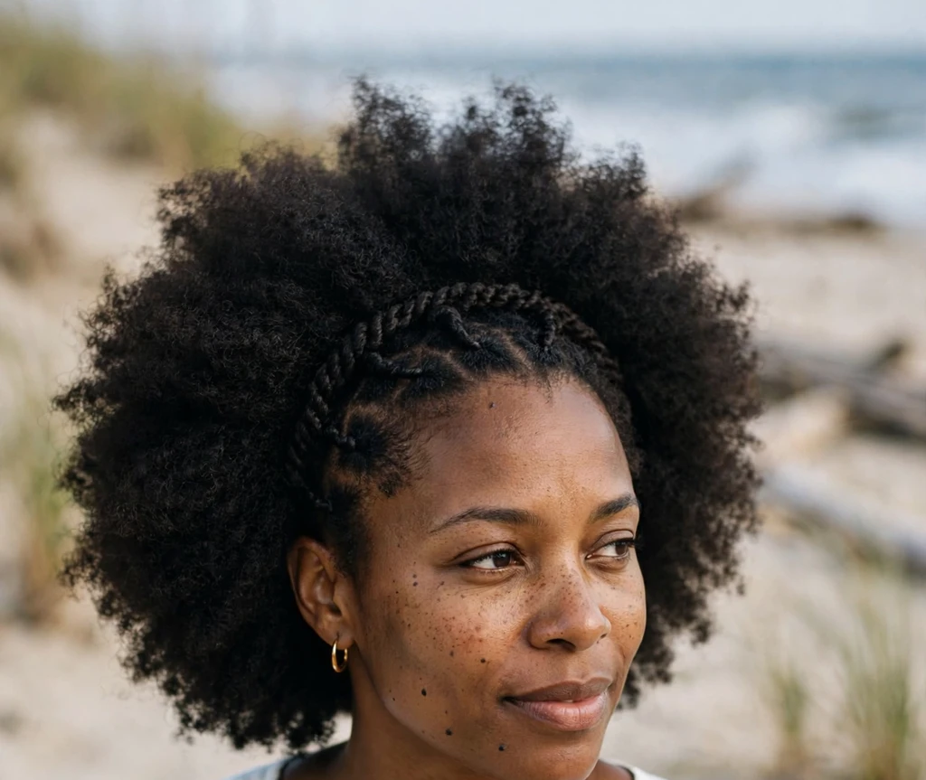 Black woman in her thirties with flat twists crowning her short afro, white dress, at the beach