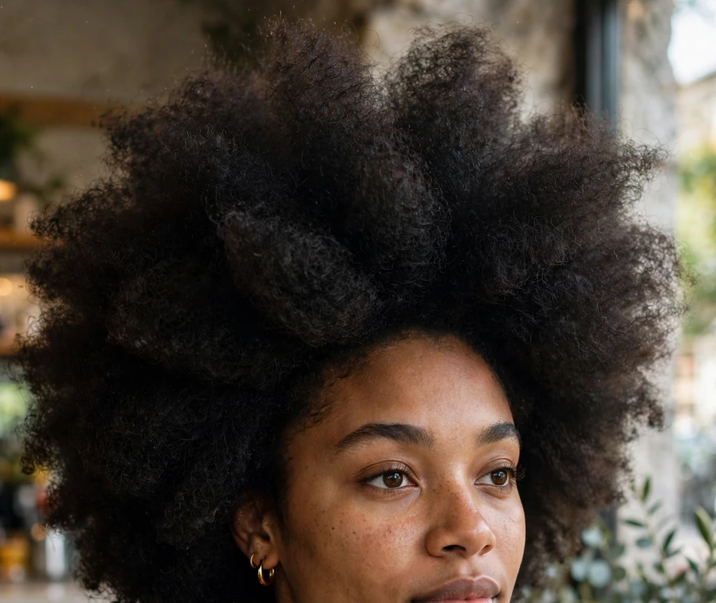 Young Black woman with a big voluminous night-out afro, green top, at a cafe