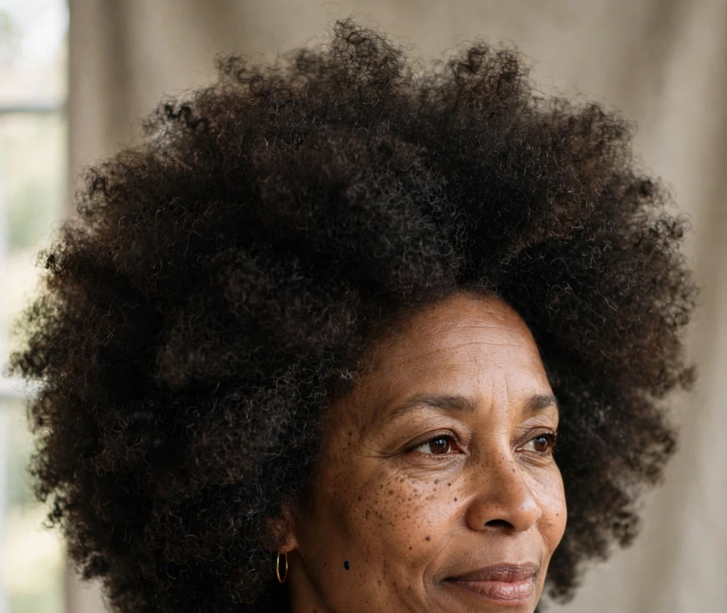 Black woman in her forties with a defined wash-and-go afro, maroon dress, studio portrait