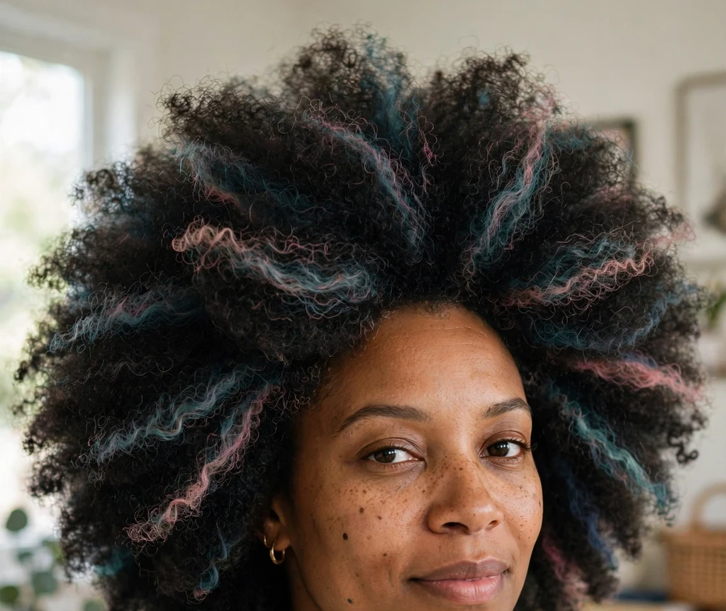Black woman in her thirties with peekaboo color streaks in her afro, cream sweater, at home