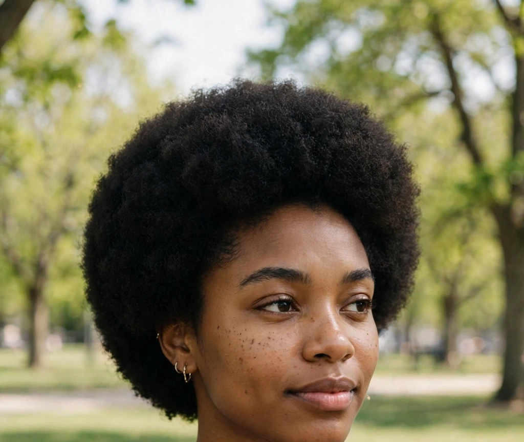Young Black woman with a soft mini rounded afro, blue dress, in a park