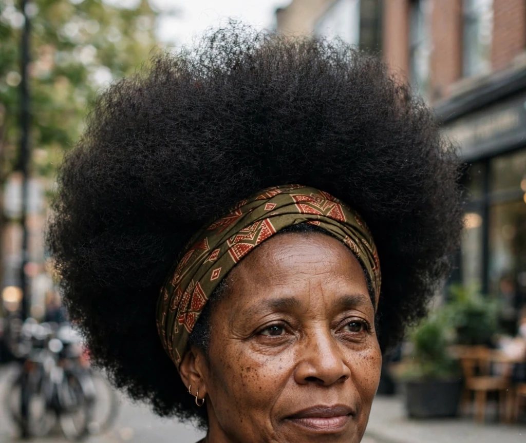 Black woman in her fifties with a headwrap band around her afro, black dress, on a street