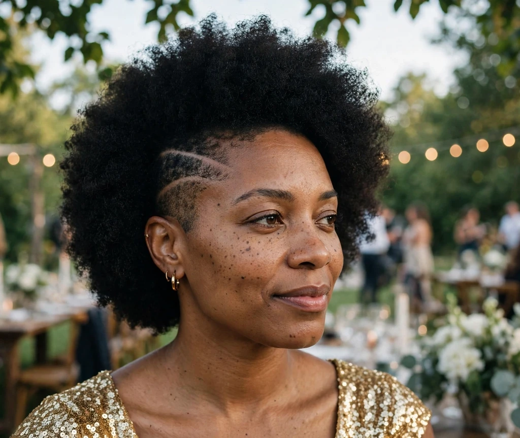 Black woman in her thirties with a shaved design line in her short afro, gold sequin top, at an event