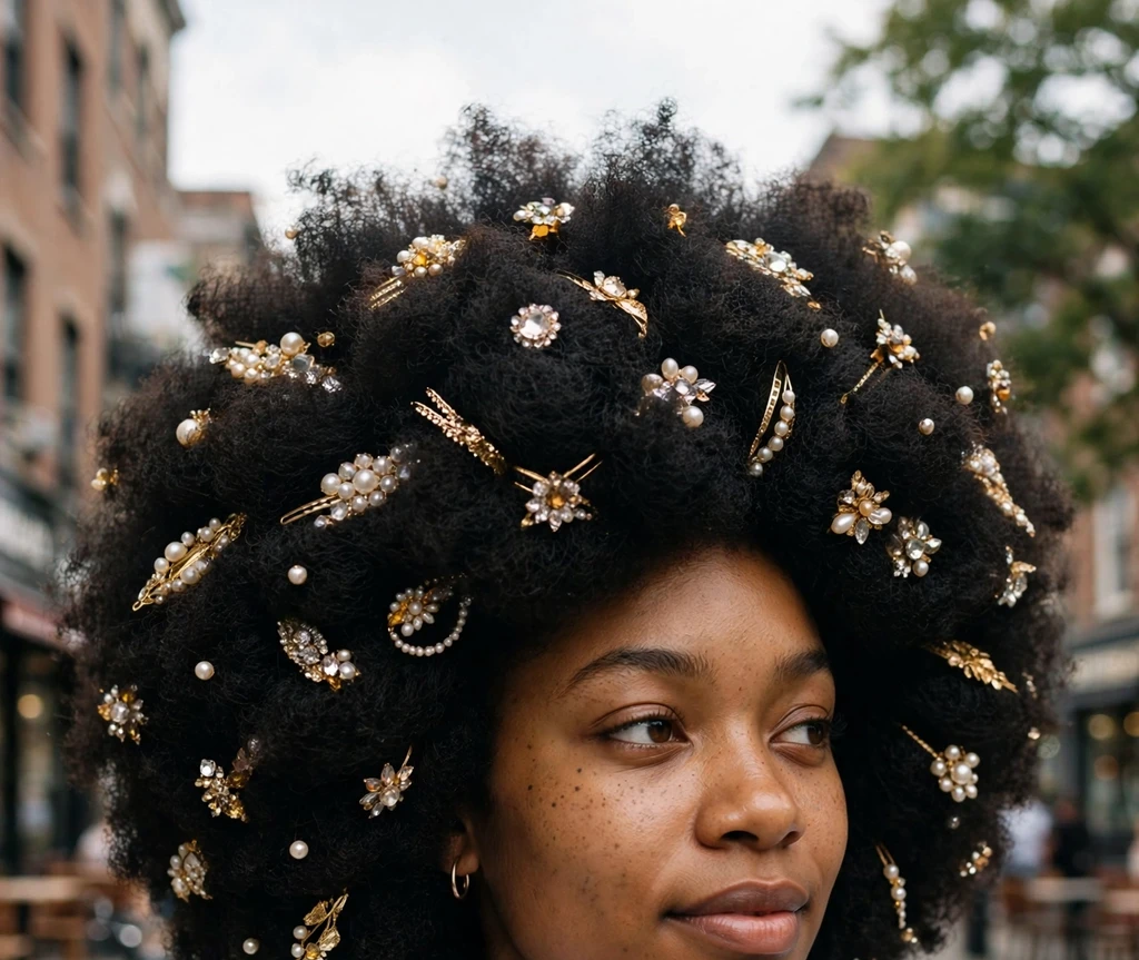 Young Black woman with jeweled hair accessories in her afro, white tee, on a street