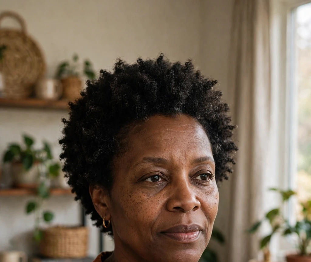 Black woman in her forties with a shrunken coily TWA, rust blouse, at home