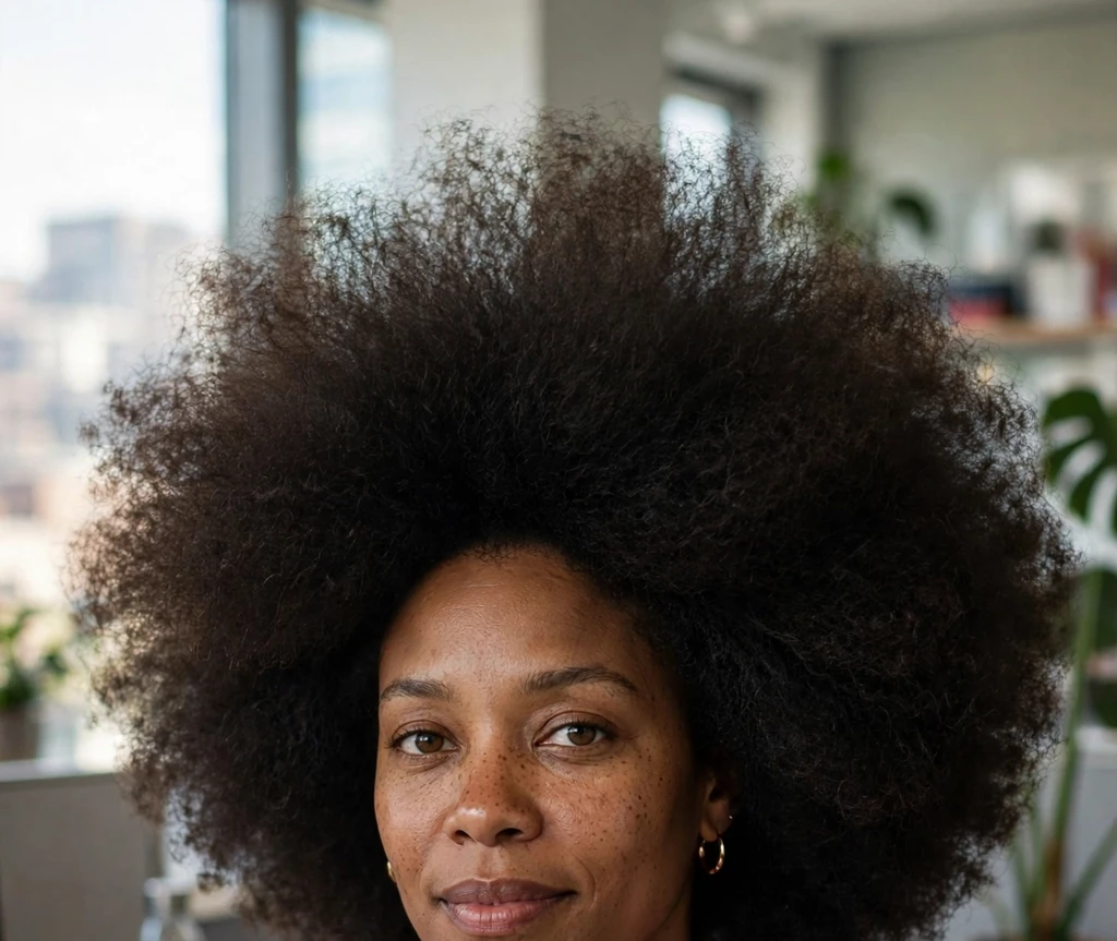 Black woman in her thirties with a stretched blowout afro, pink blazer, in an office