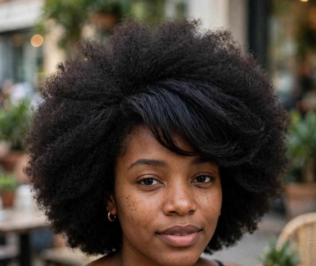 Young Black woman with a side-swept bang afro, black dress, at a cafe