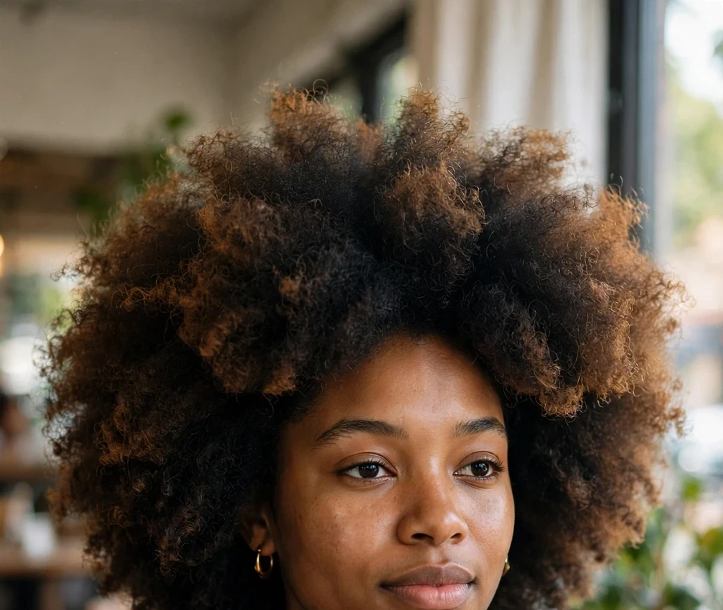 Young Black woman with a two-tone black and brown afro, black dress, at a cafe