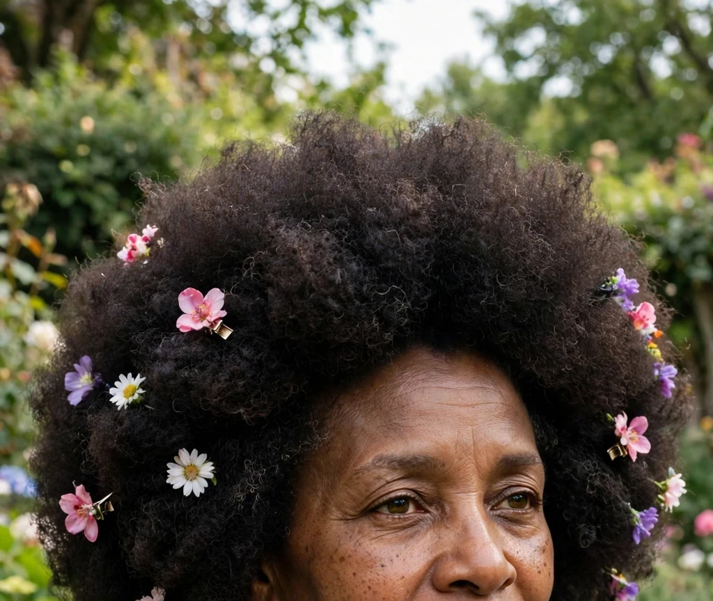 Mature Black woman with floral clips in her short afro, turquoise top, in a garden