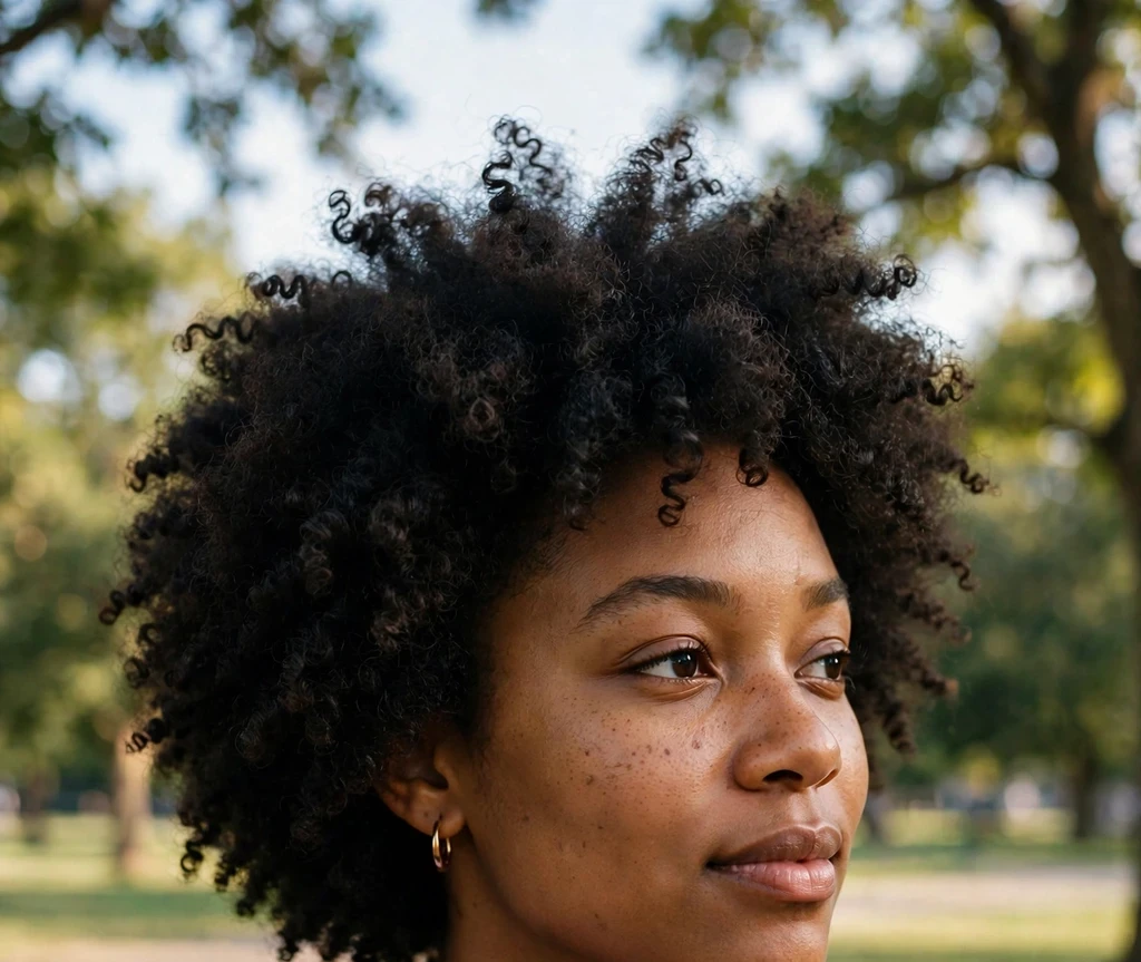Young Black woman with baby-doll curls in her short afro, lavender dress, in a park