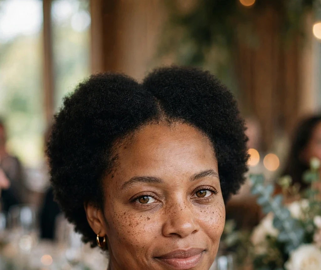 Black woman in her thirties with a center-parted short afro, red gown, at an event