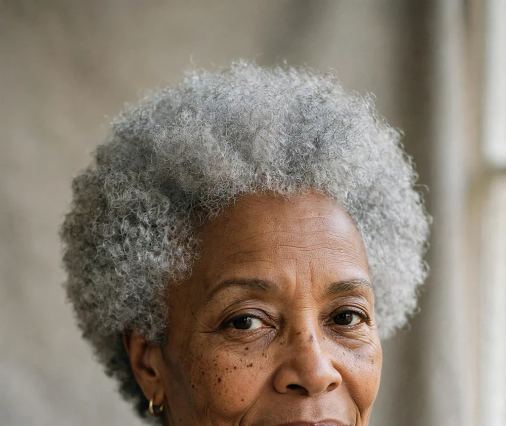 Elegant Black woman in her fifties with a silver grey short afro, grey blazer, studio portrait
