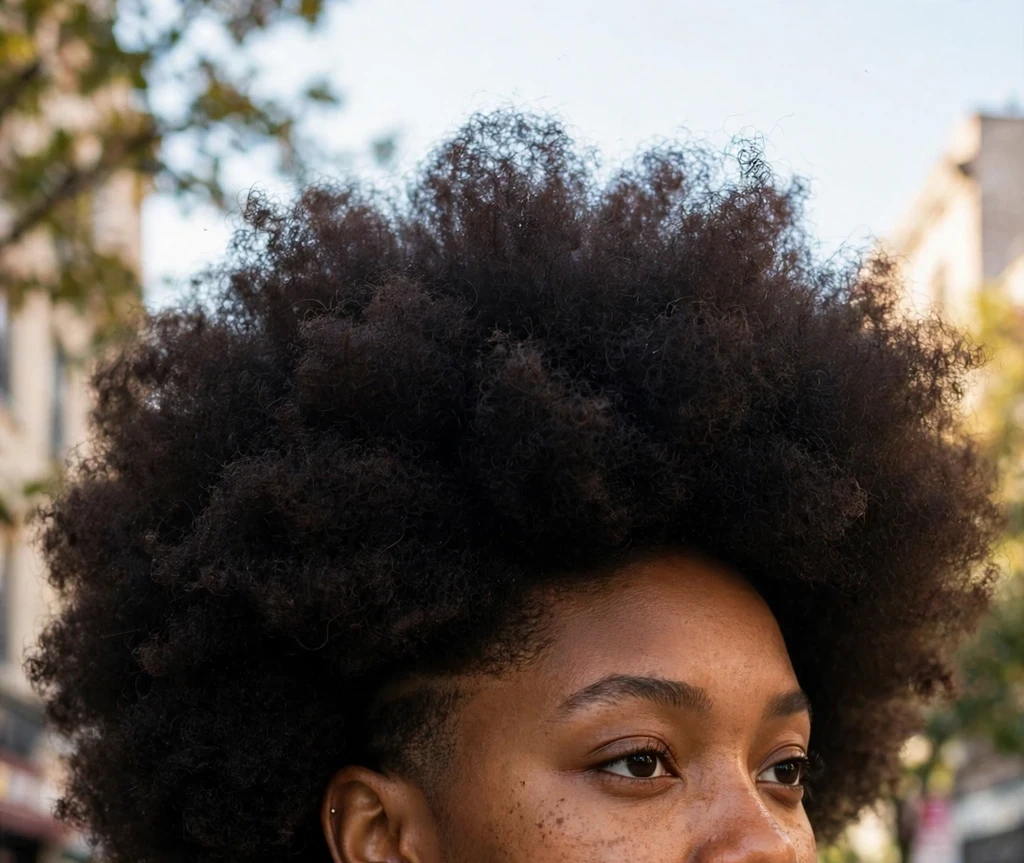 Young Black woman with a nape undercut and full afro, denim shirt, on a street