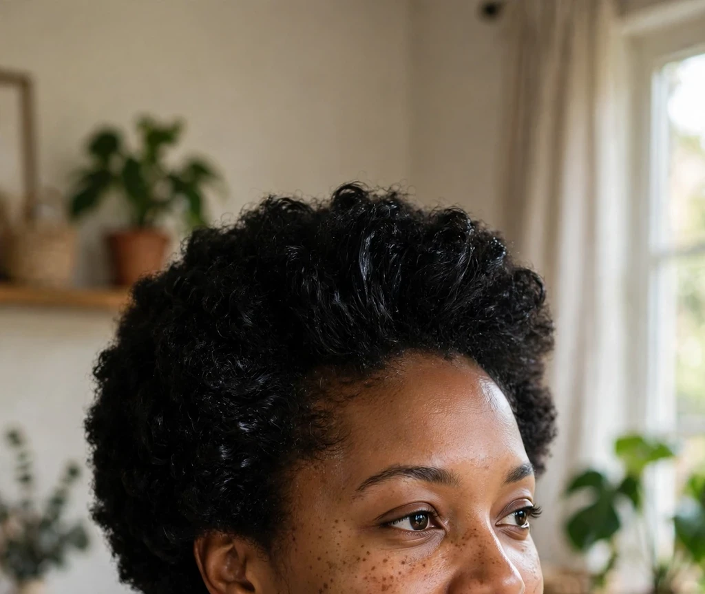 Black woman in her thirties with a glossy moisturized short afro, white blouse, at home