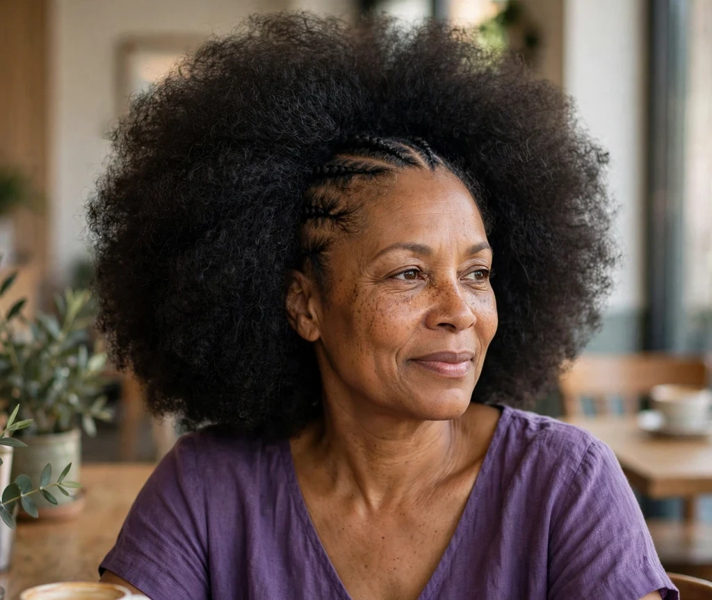 Black woman in her forties with cornrows at the front of her afro, purple dress, at a cafe