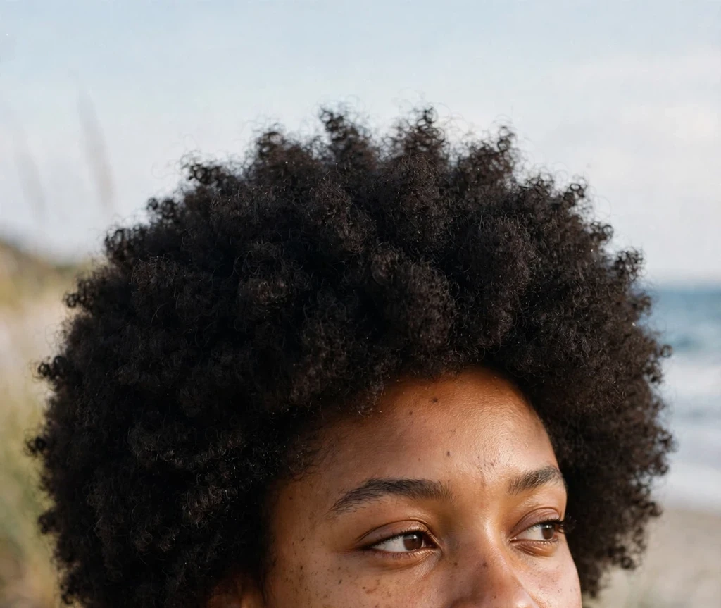Young Black woman with defined 4B coils in her short afro, coral top, at the beach