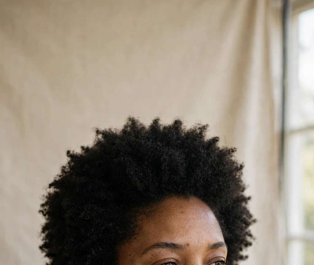 Black woman in her thirties with an effortless weekend mini afro, black top, studio portrait
