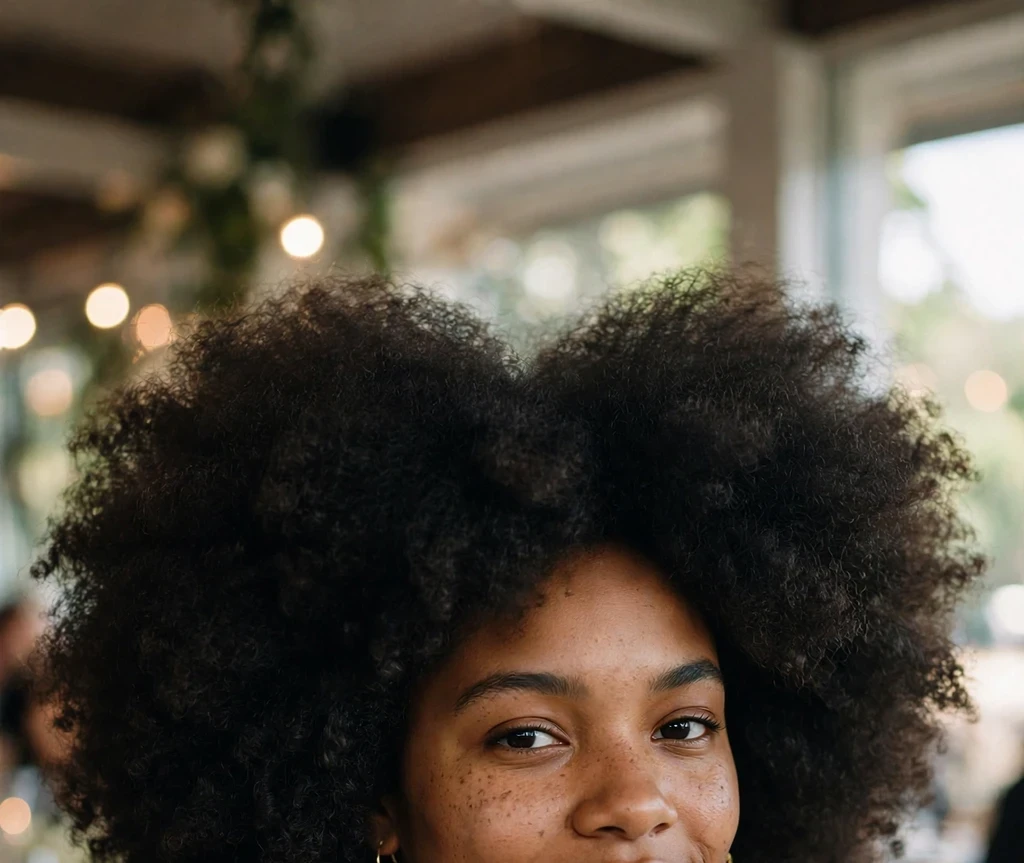 Young Black woman with a full celebration afro, gold dress, at an event