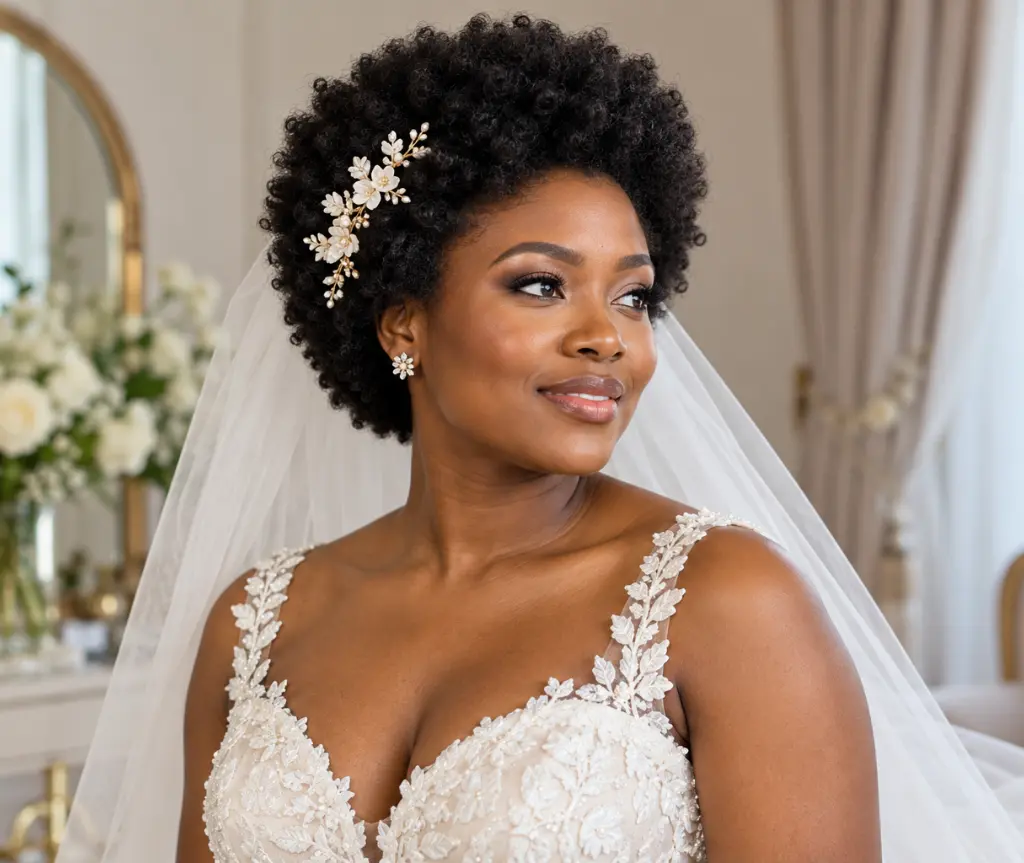 Short Afro with a Floral Headpiece and Sheer Veil