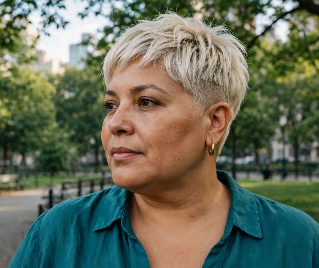 Plus-size woman with a platinum blonde pixie crop hairstyle in a city park
