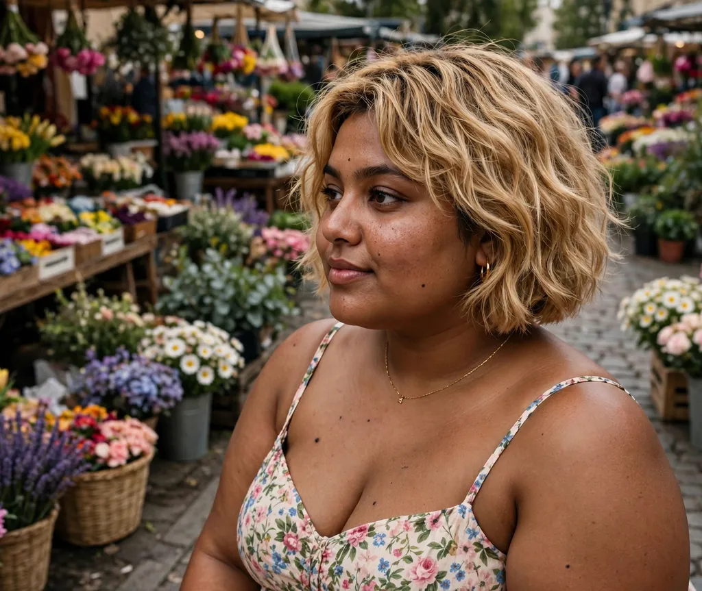 Plus-size woman with a honey blonde textured bob at a flower market
