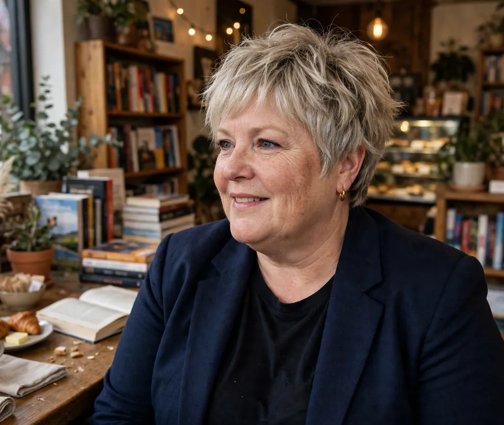 Plus-size woman with an ash blonde shaggy pixie cut in a bookstore cafe