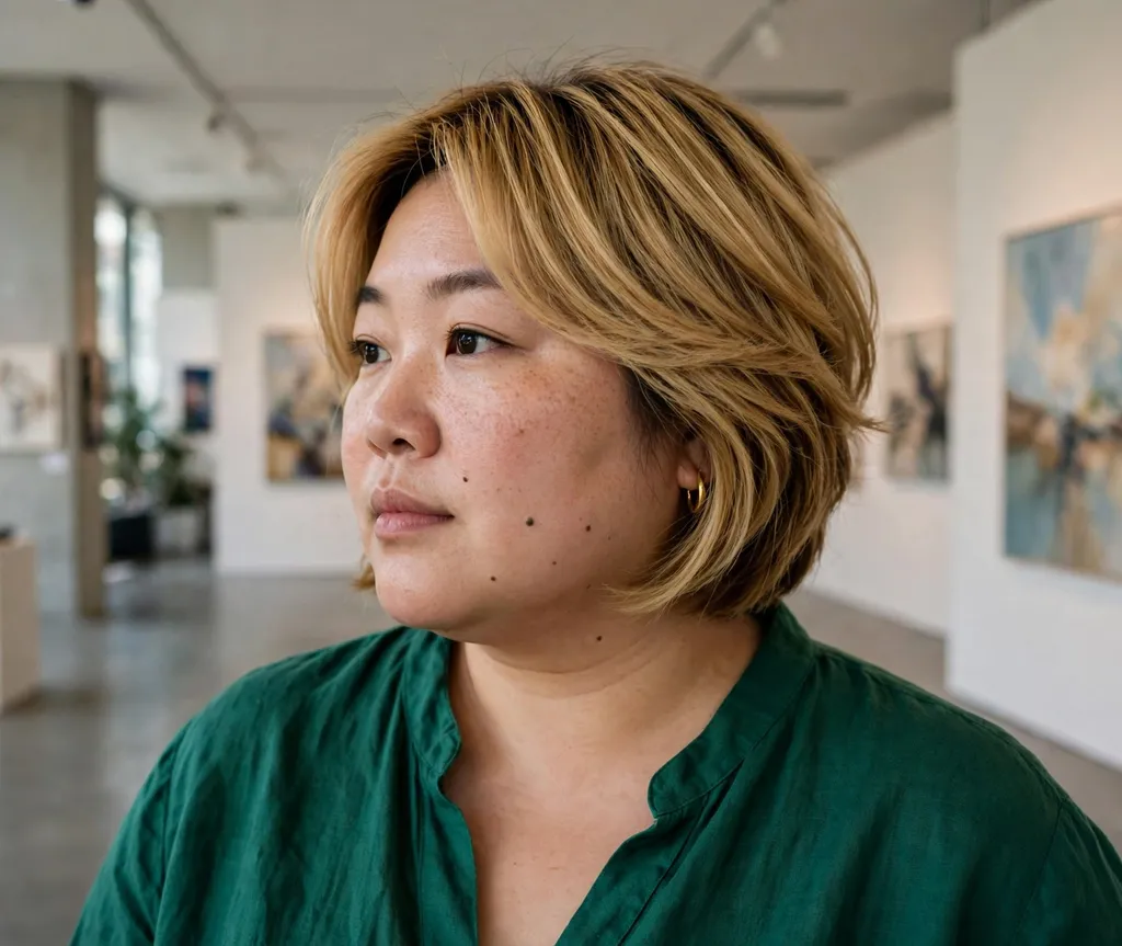 Plus-size woman with a golden blonde stacked bob at an art gallery