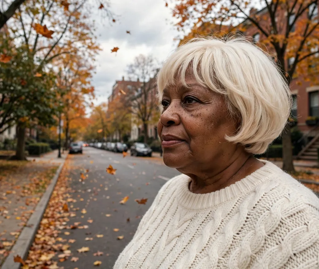 Plus-size woman with a platinum blonde French bob on an autumn street