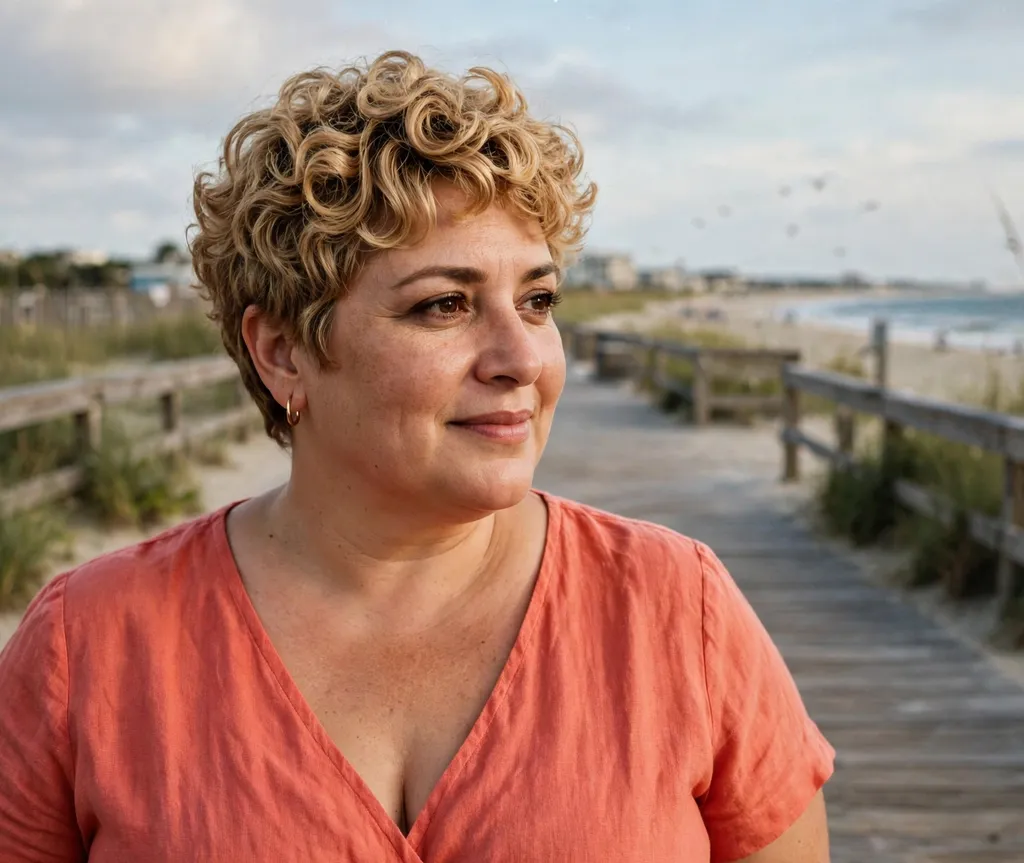 Plus-size woman with a warm blonde curly pixie cut on a beach boardwalk