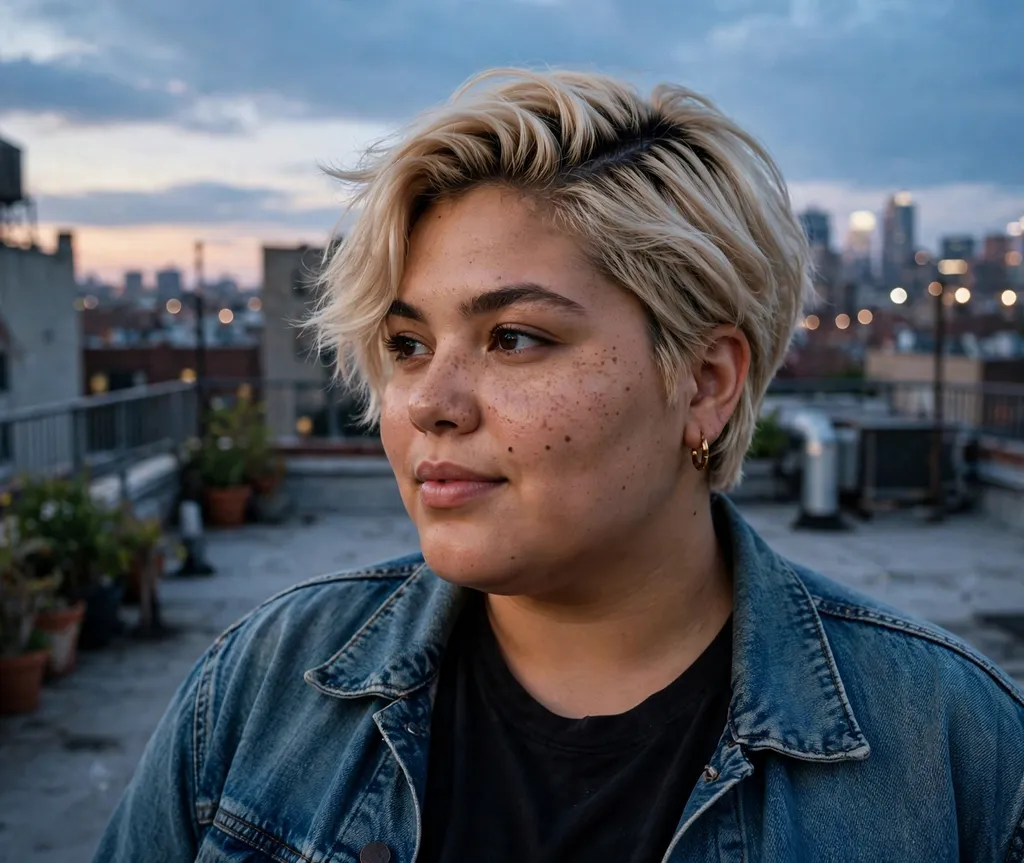 Plus-size woman with a champagne blonde side-swept crop on an urban rooftop