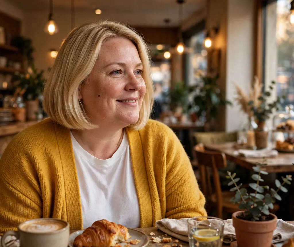 Plus-size woman with a buttery blonde chin-length bob in a cozy cafe