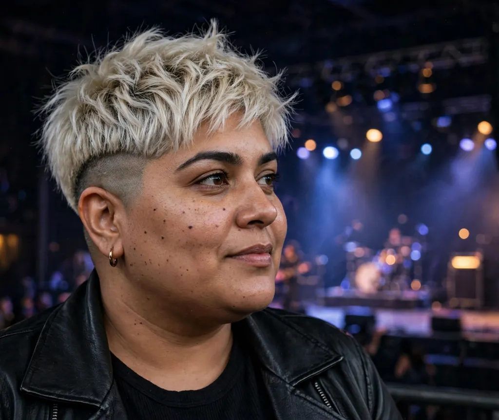 Plus-size woman with an icy blonde undercut pixie at a concert venue