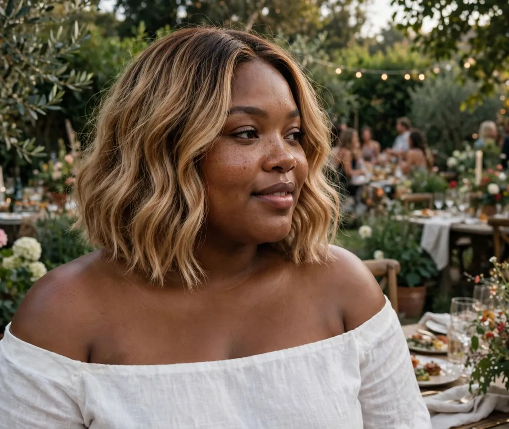 Plus-size woman with a caramel blonde wavy bob at a garden party