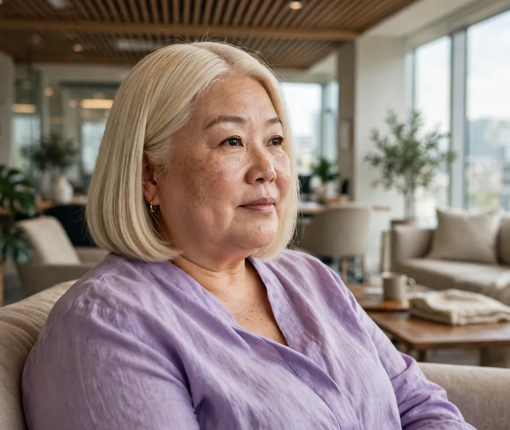 Plus-size woman with a pearl blonde sleek bob in a modern office lounge