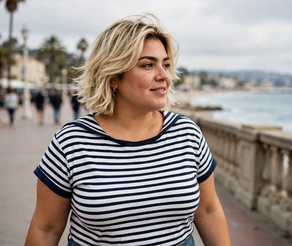 Plus-size woman with a vanilla blonde layered crop on a seaside promenade