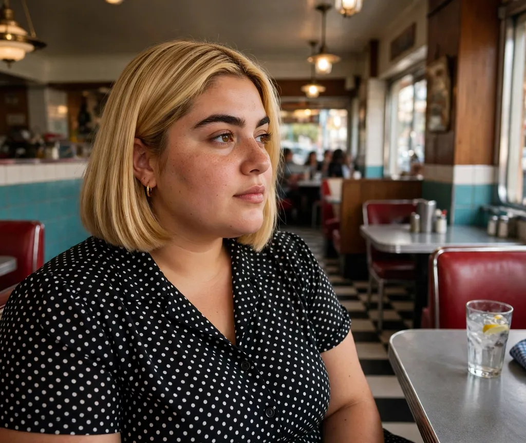 Plus-size woman with a golden blonde blunt bob in a vintage diner