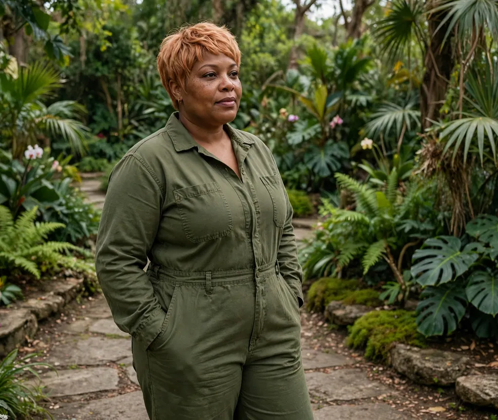 Plus-size woman with a strawberry blonde pixie bob in a botanical garden
