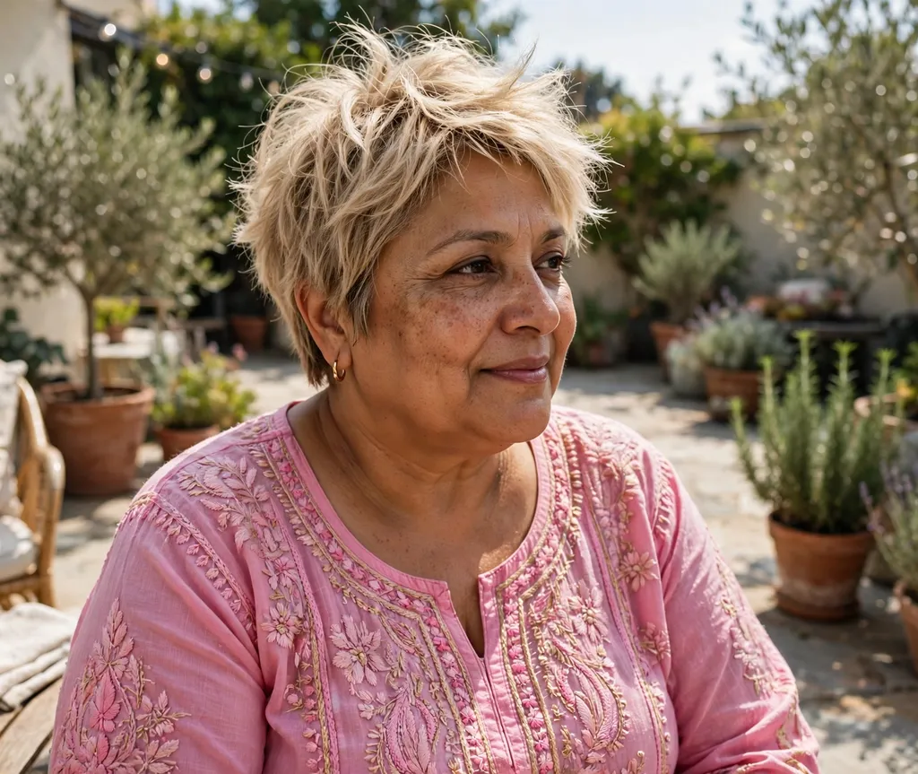 Plus-size woman with a beige blonde tousled pixie on a sunny patio