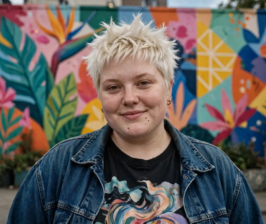Plus-size woman with a platinum blonde spiky pixie in front of a street mural