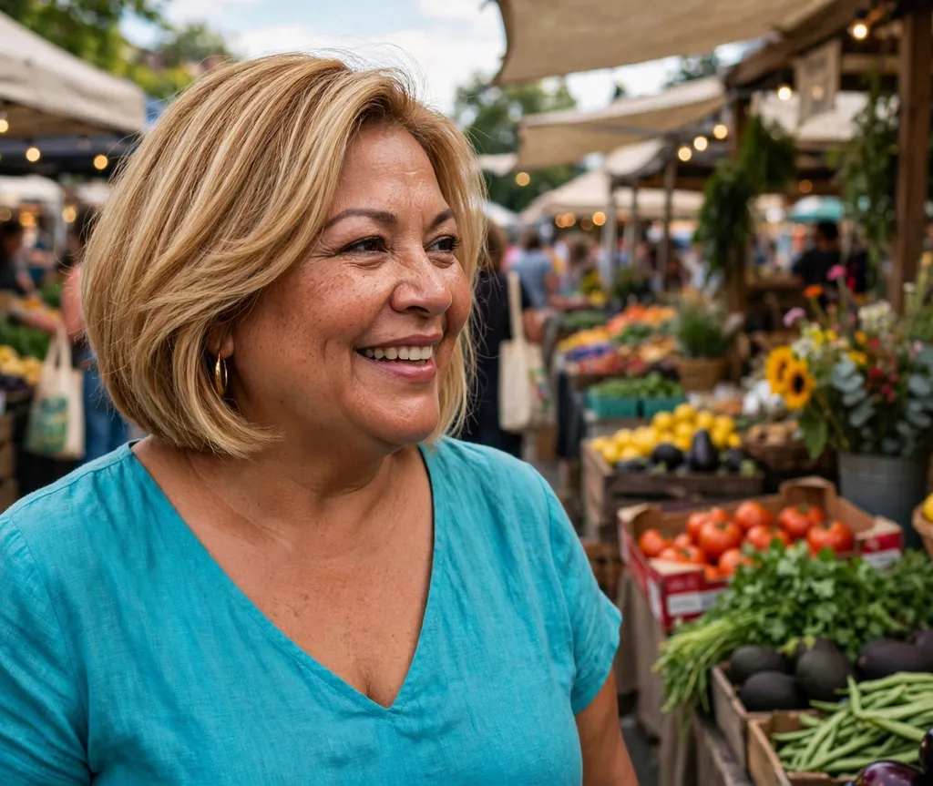 Plus-size woman with a honey blonde graduated bob at a farmers market