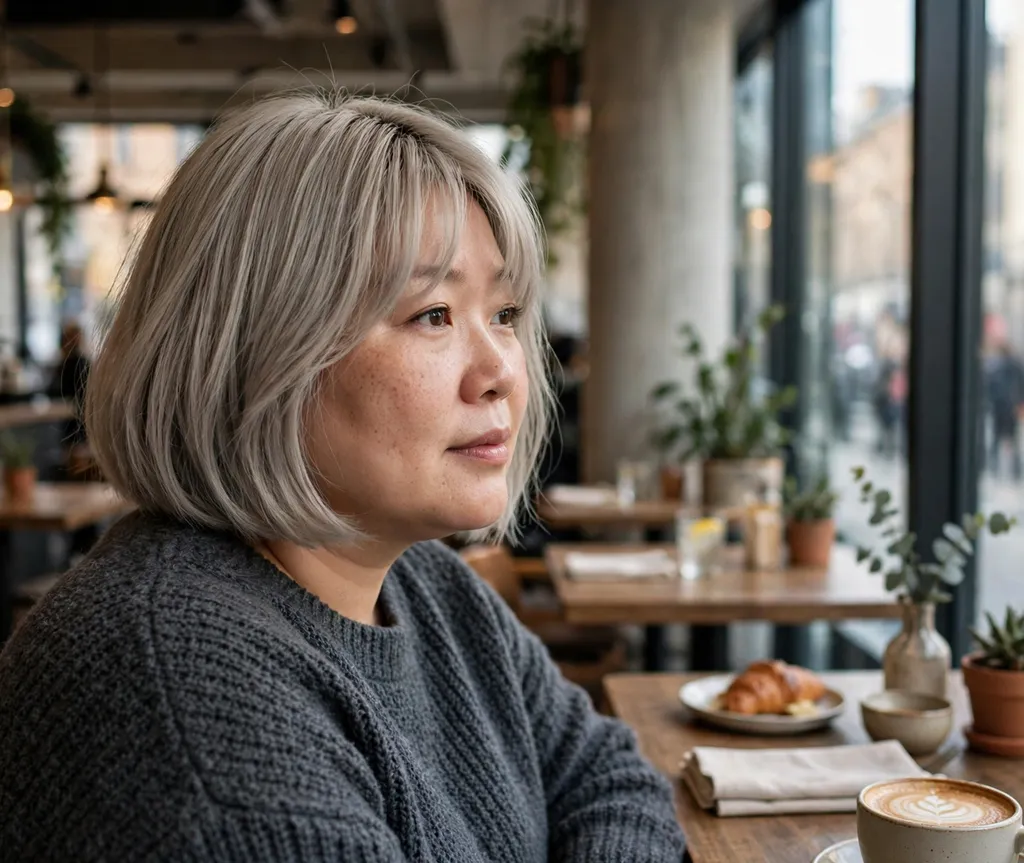 Plus-size woman with an ash blonde bob with curtain bangs in a city cafe