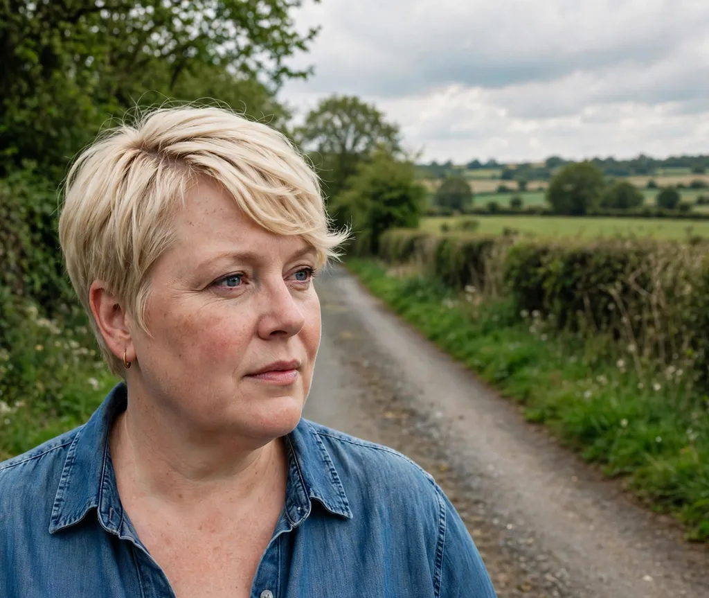 Plus-size woman with a pale gold pixie with a side part on a countryside lane