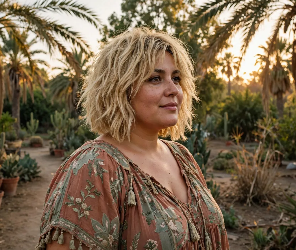 Plus-size woman with a wheat blonde chin-length shag in a palm garden