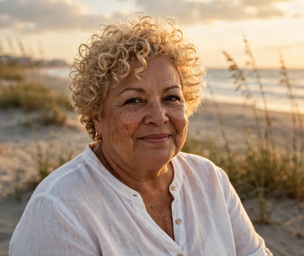 Plus-size woman with a sun-kissed blonde curly crop at the beach