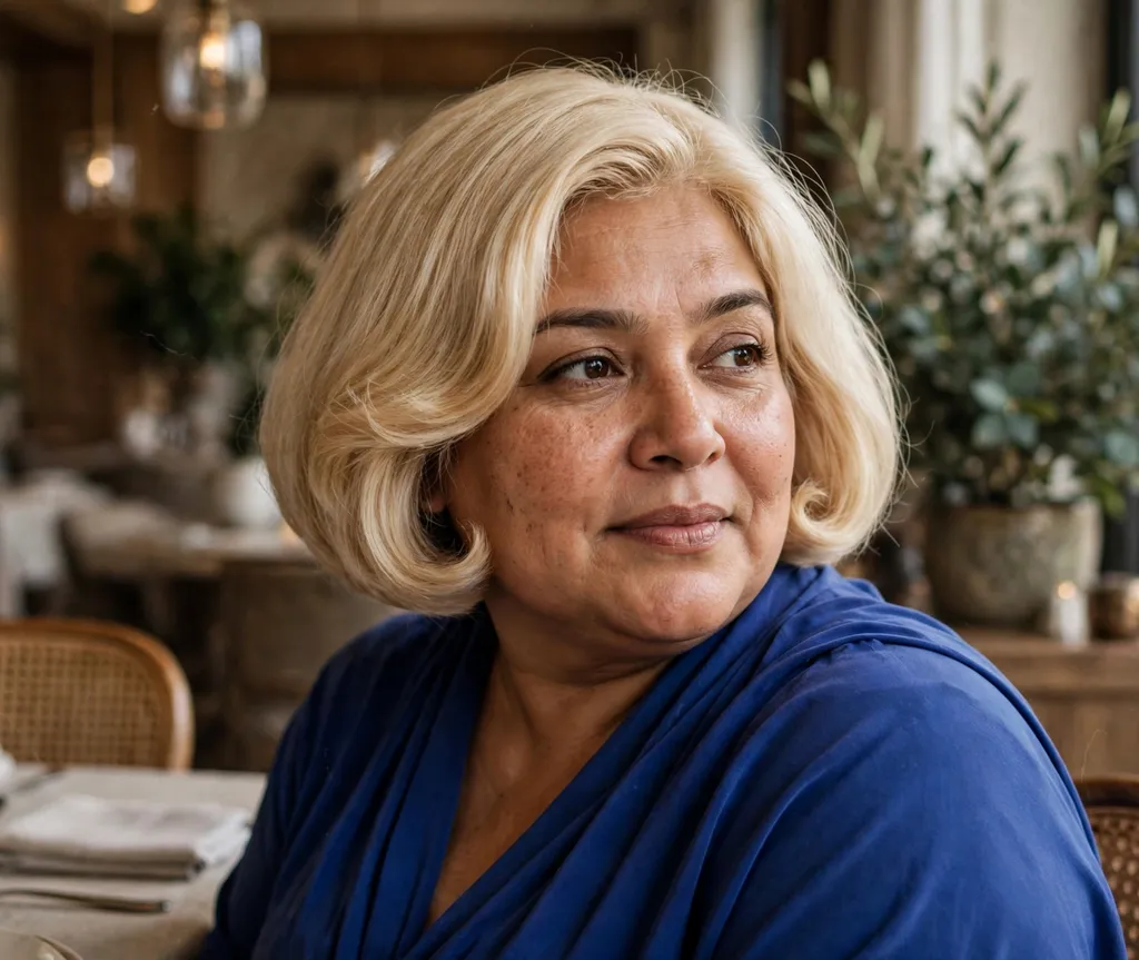 Plus-size woman with a creamy blonde rounded bob at an elegant restaurant