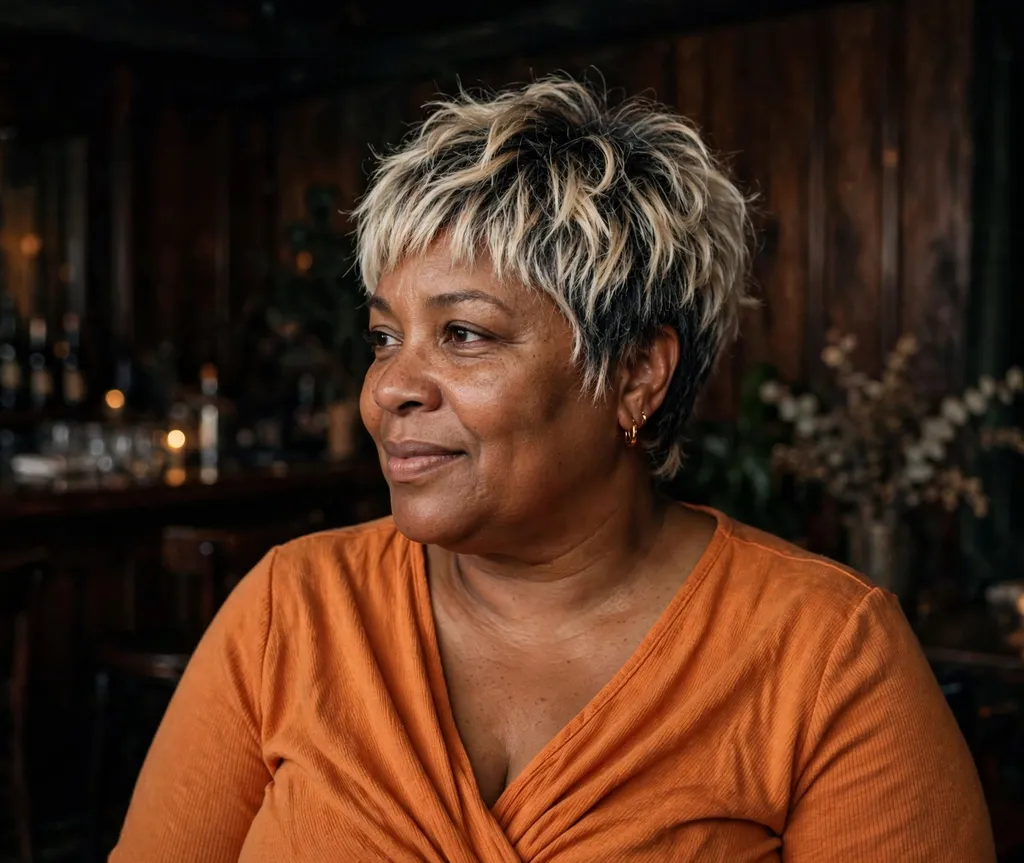 Plus-size woman with a frosted blonde choppy pixie at a jazz club