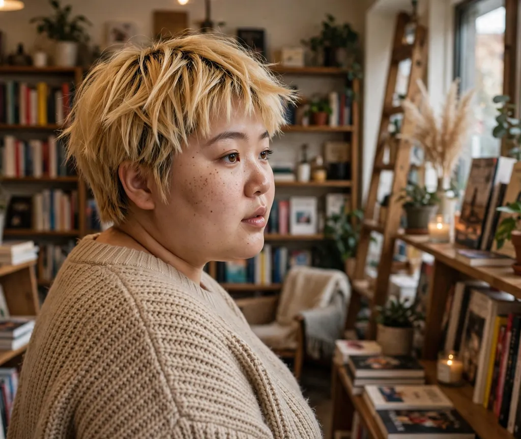 Plus-size woman with a golden blonde modern bowl cut in a bookshop